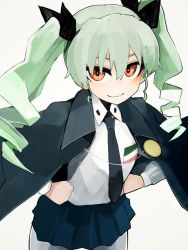 Rule 34 | 10s, 1girl, anchovy (girls und panzer), anzio school uniform, black cape, black necktie, black skirt, cape, closed mouth, commentary, cowboy shot, dress shirt, drill hair, emblem, girls und panzer, green hair, hands on own hips, highres, light smile, long hair, long sleeves, looking at viewer, miniskirt, necktie, pantyhose, pleated skirt, red eyes, school uniform, shirt, simple background, skirt, solo, standing, susumu, twin drills, twintails, white background, white pantyhose, white shirt