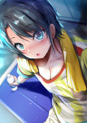 Rule 34 | 1girl, aqua eyes, bad id, bad twitter id, black hair, blush, bottle, breasts, cleavage, collarbone, fumihiko (fu mihi ko), highres, holding, holding bottle, hololive, large breasts, looking at viewer, loose clothes, loose shirt, oozora subaru, oozora subaru (1st costume), open mouth, oversized clothes, oversized shirt, shirt, short hair, short sleeves, shorts, solo, striped clothes, striped shirt, sweat, sweatband, swept bangs, t-shirt, vertical-striped clothes, vertical-striped shirt, virtual youtuber, water bottle, white shirt, white shorts, wristband, yellow shirt, yellow towel