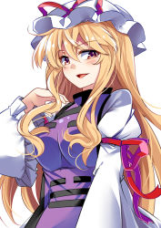 Rule 34 | 1girl, arm up, blonde hair, blush, breasts, dress, e.o., eyebrows, female focus, frilled hat, frills, hand in own hair, hat, juliet sleeves, large breasts, long sleeves, mob cap, open mouth, orange eyes, puffy sleeves, red ribbon, ribbon, simple background, smile, solo, tabard, touhou, upper body, white background, white dress, white hat, yakumo yukari