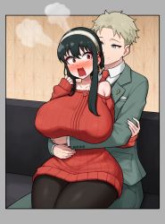 Rule 34 | 1boy, 1girl, 2022, absurdres, arm grab, black hair, black pantyhose, blonde hair, blue eyes, blush, breast pocket, breasts, closed mouth, collared shirt, embarrassed, hair between eyes, hairband, highres, hug, hug from behind, huge breasts, long hair, long sleeves, looking at another, looking at viewer, necktie, open mouth, pantyhose, pocket, poper (arin sel), red necktie, shirt, short hair, sitting, sitting on lap, sitting on person, smile, spy x family, steaming body, thick thighs, thighs, twilight (spy x family), white hairband, white shirt, yor briar