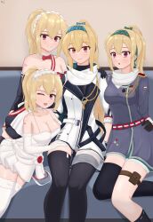 4girls :d :o absurdres bare_shoulders blonde_hair blue_hairband breasts closed_mouth dress girls&#039;_frontline green_hairband grin hair_between_eyes hair_ribbon hairband highres looking_at_viewer maid maid_headdress mr.something multiple_girls one_eye_closed open_mouth ponytail red_eyes ribbon smile sv-98_(girls&#039;_frontline) sv-98_(mod3)_(girls&#039;_frontline) sv-98_(pierce_your_heart!)_(girls&#039;_frontline) sv-98_(waitress)_(girls&#039;_frontline) teeth waitress wedding_dress