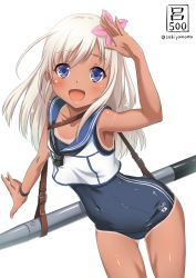 Rule 34 | 10s, 1girl, blonde hair, blue eyes, covered navel, crop top, flower, hair flower, hair ornament, hibiscus, kantai collection, lifebuoy, long hair, one-piece swimsuit, one-piece tan, open mouth, ro-500 (kancolle), sailor collar, sakiyamama, salute, school swimsuit, school uniform, serafuku, solo, swim ring, swimsuit, swimsuit under clothes, tan, tanline, torpedo, twitter username