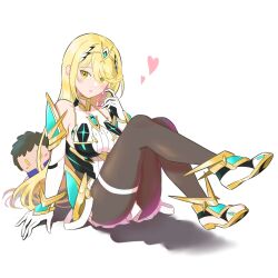 Rule 34 | 1girl, bare shoulders, black gloves, blonde hair, breasts, brown hair, chest jewel, chibi, chibi inset, elbow gloves, gloves, gold trim, heart, hehe jun, highres, knees up, large breasts, long hair, mythra (massive melee) (xenoblade), mythra (xenoblade), pantyhose, rex (xenoblade), sitting, solo, thigh strap, thighs, white background, white footwear, white gloves, xenoblade chronicles (series), xenoblade chronicles 2, yellow eyes