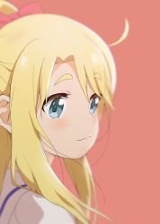 Rule 34 | 1girl, aayh, blonde hair, blue eyes, blush, bow, brown background, closed mouth, commentary request, hair bow, himesaka noa, long hair, looking away, looking to the side, ponytail, red bow, sailor collar, shirt, short eyebrows, simple background, smile, solo, thick eyebrows, upper body, watashi ni tenshi ga maiorita!, white sailor collar, white shirt
