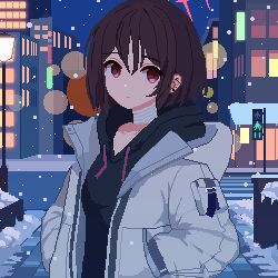 Rule 34 | 1girl, bandaged neck, bandages, black sweater, blue archive, brown hair, city, city lights, coat, ear piercing, earrings, halo, highres, jewelry, misaki (blue archive), piercing, pixel art, red eyes, red halo, short hair, snow, solo, sweater, tinia etru, white coat