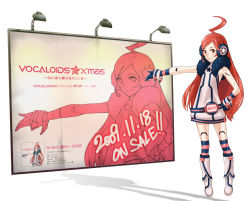 Rule 34 | 1girl, ahoge, belt, billboard, boots, doll joints, dress, gloves, headphones, headset, joints, kneehighs, kozaki yuusuke, long hair, multicolored clothes, multicolored legwear, official art, red eyes, red hair, robot joints, sf-a2 miki, socks, star (symbol), striped clothes, striped gloves, striped socks, striped thighhighs, thighhighs, very long hair, vocaloid, wrist cuffs