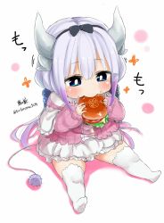Rule 34 | 10s, 1girl, blue eyes, capelet, commentary request, dragon girl, dragon horns, dragon tail, eating, food, hair bobbles, hair ornament, hairband, burger, highres, holding, horns, kanna kamui, kirikirimai (kkm), kobayashi-san chi no maidragon, long hair, low twintails, silver hair, sketch, slit pupils, solo, tail, thighhighs, translation request, twintails, twitter username, zettai ryouiki