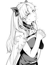 Rule 34 | 1girl, blush, commentary request, earrings, ereshkigal (fate), closed eyes, eyes visible through hair, fate/grand order, fate (series), greyscale, highres, jewelry, long hair, monochrome, puckered lips, siku siku, simple background, skull, solo, sweat, upper body, white background