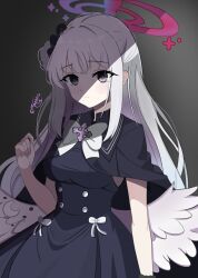 Rule 34 | 1girl, absurdres, alternate color, alternate eye color, alternate hair color, black capelet, black dress, black eyes, blue archive, blunt bangs, bow, capelet, commentary, dark persona, dress, feathered wings, grey hair, grey wings, hair bun, hair ornament, hair scrunchie, halo, highres, long hair, looking at viewer, mika (blue archive), mismatched pupils, one side up, school uniform, scrunchie, shaded face, sidelocks, simple background, single side bun, solo, tamaki (tamaki-sh), wings, wrist scrunchie