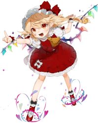 Rule 34 | 1girl, :d, arms up, ascot, bad id, bad twitter id, blonde hair, blush, bow, circle skirt, commentary, crystal, fang, flandre scarlet, frilled shirt collar, frills, gotou (nekocat), hair between eyes, hat, hat bow, highres, long hair, miniskirt, mob cap, nail polish, one side up, open mouth, petticoat, pointing, pointy ears, puffy short sleeves, puffy sleeves, red bow, red eyes, red footwear, red nails, red skirt, red vest, shirt, shoes, short sleeves, simple background, skirt, skirt set, smile, socks, solo, star (symbol), touhou, vest, white background, white hat, white shirt, white socks, wings, wrist cuffs, yellow ascot