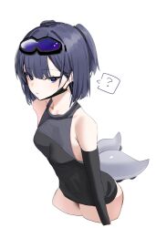 Rule 34 | 1girl, ?, andreana (arknights), arknights, armpit crease, bare shoulders, black mask, black shirt, blue eyes, blue hair, commentary request, detached sleeves, goggles, goggles on head, highres, horn/wood, looking at viewer, mask, mask pull, mouth mask, shirt, simple background, solo, spoken question mark, tentacles, white background