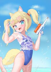 Rule 34 | 1girl, 2023, animal ears, blue eyes, cat ears, cuemew, heart glasses, index finger raised, indie virtual youtuber, solo, squirt gun, sunglasses, sushiaboverice, swimsuit, trigger discipline, twintails, virtual youtuber, water