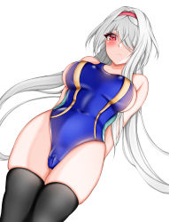 Rule 34 | 1girl, alternate costume, azur lane, bad id, bad pixiv id, bare shoulders, black thighhighs, blue one-piece swimsuit, blush, breasts, colorado (azur lane), competition swimsuit, dutch angle, from below, hair over one eye, hairband, highres, large breasts, long hair, looking at viewer, one-piece swimsuit, red eyes, red hairband, sideboob, skindentation, solo, swimsuit, thighhighs, very long hair, white background, white hair, zenokidon