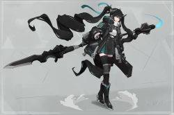 Rule 34 | 1girl, absurdres, belt, belt buckle, black footwear, black gloves, black hair, black thighhighs, blue fire, blue skirt, briefcase, buckle, dust, extra arms, fingerless gloves, fire, gloves, high heels, highres, holding, holding briefcase, holding weapon, hood, hoodie, jiang1274, long hair, mechanical arms, original, polearm, pouch, single mechanical arm, skirt, smile, solo, spear, standing, thighhighs, turtleneck, twintails, very long hair, weapon, yellow eyes, zettai ryouiki