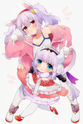 Rule 34 | 2girls, absurdres, animal ears, azur lane, beads, black hairband, blue eyes, blush, bow hairband, breasts, capelet, cleavage, commentary request, dragon girl, dragon horns, dress, fake animal ears, frilled dress, frills, full body, fur-trimmed capelet, fur trim, hair beads, hair ornament, hairband, highres, horns, jacket, kanna kamui, kobayashi-san chi no maidragon, laffey (azur lane), long hair, long sleeves, low twintails, multiple girls, naganawa maria, notice lines, pantyhose, parted lips, pink eyes, pink jacket, puffy long sleeves, puffy sleeves, purple hair, rabbit ears, red footwear, short dress, simple background, sleeves past wrists, small breasts, takumi mizuki, tank top, twintails, voice actor connection, white background, white pantyhose, white tank top