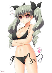 Rule 34 | &gt;:), 10s, 1girl, ?, anchovy (girls und panzer), bikini, black bikini, blush, breasts, cleavage, collarbone, crossed arms, curvy, drill hair, embarrassed, female focus, girls und panzer, hair ornament, hair ribbon, highres, large breasts, long hair, navel, number10 (hagakure), red eyes, ribbon, shaded face, shiny skin, side-tie bikini bottom, silver hair, simple background, smile, solo, standing, strap gap, sweat, sweatdrop, swimsuit, twin drills, twintails, untied, v-shaped eyebrows, wardrobe malfunction
