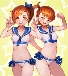 Rule 34 | 2girls, :d, ;d, bad id, bad pixiv id, brown eyes, brown hair, double v, futami ami, futami mami, hair bobbles, hair ornament, hand on own hip, highres, idolmaster, idolmaster (classic), kibellin, looking at viewer, multiple girls, navel, one eye closed, open mouth, sailor swimsuit (idolmaster), siblings, side ponytail, sisters, smile, twins, v