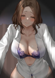 Rule 34 | 1girl, blush, bra, breasts, brown eyes, brown hair, cleavage, collared shirt, commentary request, curtains, dress shirt, girl on top, lace, lace-trimmed bra, lace trim, long hair, looking at viewer, navel, open clothes, open shirt, original, outstretched arms, pink lips, pov, purple bra, see-through, shirt, skysign ft, smile, solo, thighs, underwear, white shirt