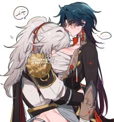 Rule 34 | ..., 1boy, 1girl, bandaged chest, black hair, black jacket, blade (honkai: star rail), breasts, chinese clothes, facing to the side, genderswap, genderswap (mtf), grey hair, hetero, honkai: star rail, honkai (series), jacket, jing yuan, large breasts, long hair, long sleeves, looking at another, looking down, multicolored hair, ponytail, red eyes, red hair, scar, serealswsu, shirt, simple background, sitting, sitting on lap, sitting on person, speech bubble, spoken ellipsis, straddling, twitter username, white background, white shirt