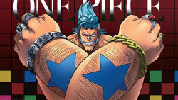 Rule 34 | 1boy, blue hair, bracelet, chain, chain, checkered background, clenched hand, clenched teeth, copyright name, crossed arms, eyewear on head, franky (one piece), gold chain, highres, jewelry, long hair, looking at viewer, male focus, multicolored background, one piece, pageviewsforpoint, ring, smirk, solo, star (symbol), sunglasses, tattoo, teeth, upper body