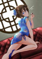 Rule 34 | 1girl, amamiya (re-amamiya), arm support, ass, bare legs, blue dress, blue eyes, blue footwear, blush, breasts, brown hair, bun cover, china dress, chinese clothes, commentary request, couch, double bun, dress, dutch angle, floral print, hair bun, hand up, highres, indoors, legs, looking at viewer, love live!, love live! nijigasaki high school idol club, medium breasts, on couch, osaka shizuku, parted lips, print dress, short sleeves, sidelocks, sideways glance, signature, solo, thighs, window