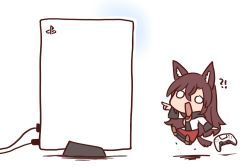 Rule 34 | 1girl, animal ear fluff, animal ears, arm up, brooch, brown hair, chibi, commentary, controller, dualsense, full body, game console, game controller, hair between eyes, imaizumi kagerou, jewelry, jumping, long hair, long skirt, long sleeves, o o, open mouth, playstation 5, playstation controller, pointy ears, shawl, simple background, skirt, solo, tail, touhou, very long hair, white background, wide sleeves, wolf ears, wolf tail, wool (miwol)