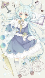 Rule 34 | 1girl, :o, absurdres, animal ear fluff, animal ears, bad id, bad pixiv id, blue dress, blue eyes, blue flower, blue hair, blush, book, bottle, bow, brown bow, brown footwear, closed umbrella, commentary, cup, dress, flower, frilled dress, frills, full body, grey background, grey socks, hair between eyes, hair ornament, hairclip, hand up, highres, inkwell, lamp, long hair, long sleeves, looking at viewer, open book, original, parted lips, pocket watch, quill, saucer, shoes, simple background, sleeves past wrists, socks, solo, sparkle, symbol-only commentary, tsukiyo (skymint), umbrella, very long hair, watch
