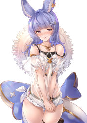 Rule 34 | 1girl, animal ears, bare shoulders, bikini, bikini under clothes, blue hair, blush, brown hat, collarbone, commentary request, erune, granblue fantasy, hair ornament, hairclip, hat, hat on back, highres, inflatable dolphin, inflatable toy, looking at viewer, mayusaki yuu, nose blush, parted lips, purple eyes, see-through, simple background, solo, straw hat, swimsuit, tikoh, tikoh (summer), wet, white background, white bikini