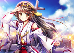 Rule 34 | 10s, 1girl, bare shoulders, black hair, brown eyes, cloud, detached sleeves, fukase ayaka, hairband, hand on forehead, haruna (kancolle), japanese clothes, kantai collection, long hair, personification, ribbon-trimmed sleeves, ribbon trim, sky, solo, wide sleeves