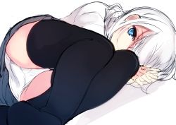 Rule 34 | 1girl, black thighhighs, blue eyes, closed mouth, dutch angle, grey skirt, hair over one eye, looking at viewer, lying, on side, original, otokuyou, panties, pantyshot, pleated skirt, ringo-chan (haegiwa), ringo-chan (otokuyou), shirt, short hair, simple background, skirt, smile, solo, thighhighs, underwear, upskirt, white background, white hair, white panties, white shirt