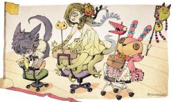Rule 34 | 1boy, 2girls, animal ears, black hair, bloomers, blush, border, chair, dress, flag, flower, frilled dress, frills, furry, green hair, hair flower, hair ornament, hat, holding, long hair, looking to the side, monster girl, multiple girls, open mouth, original, parallela66, pink dress, shirt, short sleeves, shorts, sitting, smile, spatula, standing, tail, tentacles, top hat, twitter username, underwear, white border, white shirt