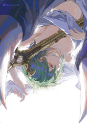 Rule 34 | 1girl, bed sheet, breasts, bustier, byleth (female) (fire emblem), byleth (fire emblem), claws, enlightened byleth (female), fire emblem, fire emblem: three houses, green hair, highres, large breasts, long hair, medium hair, mo (ine mao), navel, nintendo, simple background, solo, sword, weapon