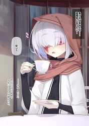 1girl abelia_(ogami_kazuki) black_dress blush burn_scar cane cup dress fang grey_hair hair_over_one_eye hand_up highres holding holding_cup holding_saucer hood hood_up jacket long_sleeves looking_at_viewer ogami_kazuki open_mouth original red_eyes saucer scar sleeves_past_wrists small_sweatdrop solo sweat table thick_eyebrows translation_request upper_body white_jacket