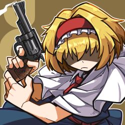 Rule 34 | 1girl, alice margatroid, amerika zarigani, blonde hair, blue dress, brown background, capelet, character name, closed mouth, commentary request, cookie (touhou), cowboy shot, dress, frilled hairband, frills, frown, gun, hair between eyes, hair intakes, hair over eyes, hairband, handgun, highres, holding, holding gun, holding weapon, jigen (cookie), long bangs, necktie, outline, red hairband, red necktie, red sash, revolver, sash, short hair, smoke, smoking gun, solo, touhou, weapon, white capelet, white outline