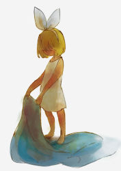Rule 34 | 1girl, alternate costume, barefoot, blanket, blonde hair, child, dress, closed eyes, female focus, kagamine rin, no mouth, no nose, short hair, simple background, solo, torla, vocaloid, white background, white dress