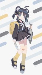 Rule 34 | 1girl, :&lt;, absurdres, ahoge, animal, animal ears, arm at side, backpack, bag, bandaid, bandaid on knee, bandaid on leg, bear ears, black choker, black footwear, black hair, black sailor collar, black serafuku, black shirt, black skirt, blouse, blue eyes, blue one-piece swimsuit, blunt bangs, blunt ends, bow, bowtie, choker, closed mouth, crop top, daizu (melon-lemon), expressionless, extra ears, eyes visible through hair, fish, floating hair, from side, full body, grey background, grey bow, grey bowtie, hair ornament, hairclip, hand up, highres, holding, holding animal, holding fish, holding knife, kitchen knife, kneehighs, knife, leg up, long sleeves, looking at viewer, looking to the side, low twintails, mary janes, miniskirt, no nose, one-piece swimsuit, original, pleated skirt, polka dot, puffy long sleeves, puffy sleeves, randoseru, sailor collar, school swimsuit, school uniform, serafuku, shirt, shoes, short hair, short twintails, sidelocks, skirt, socks, solo, standing, suspender skirt, suspenders, swept bangs, swimsuit, swimsuit under clothes, twintails, uwabaki, yellow bag, yellow socks