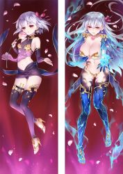 Rule 34 | 2girls, breasts, breasts apart, cleavage, closed mouth, dakimakura (medium), detached sleeves, fate/grand order, fate (series), fiery hair, floating hair, flower, full body, hair between eyes, hair ribbon, high heels, holding, holding flower, kama (fate), kama (first ascension) (fate), kama (third ascension) (fate), large breasts, long hair, long sleeves, looking at viewer, microskirt, midriff, moeanime, multiple girls, navel, panties, parted lips, petals, pink flower, pink ribbon, purple panties, purple skirt, purple sleeves, red background, red eyes, ribbon, shiny clothes, shiny legwear, shiny skin, skirt, smile, split screen, stomach, thighhighs, underwear, very long hair, white hair, yellow panties