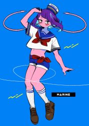 Rule 34 | 1girl, alternate costume, anna (aannnaa3), arm up, audio jack, blue background, blue sailor collar, blue shorts, blunt bangs, blush, boku no hero academia, brown footwear, closed mouth, commentary request, full body, grey eyes, hat, highres, jirou kyouka, midriff, navel, purple hair, sailor collar, sailor hat, sailor shirt, shirt, shoes, short hair, short shorts, short sleeves, shorts, simple background, socks, solo, white shirt, white socks