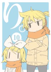 Rule 34 | 1boy, 1girl, blonde hair, bow, brother and sister, chibi, crossed arms, hair bow, hair ornament, hairclip, kagamine len, kagamine rin, linco, ponytail, scarf, siblings, sweater, twins, vocaloid, | |
