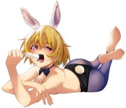 Rule 34 | 1girl, alternate breast size, animal ear fluff, animal ears, ass, barefoot, black bow, black bowtie, blonde hair, bow, bowtie, breasts, chuutaro metal, cleavage, commentary request, food, food on body, food on breasts, hand on own arm, higurashi no naku koro ni, holding, holding food, holding popsicle, houjou satoko, large breasts, leotard, lying, open mouth, pantyhose, playboy bunny, popsicle, purple eyes, rabbit ears, rabbit tail, sexually suggestive, short hair, sideways, simple background, soles, solo, sweat, tail, teeth, white background