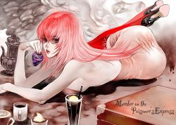 Rule 34 | 1girl, ass, bare back, bare shoulders, breasts, cup, dress, female focus, high heels, long hair, lying, megurine luka, on side, pink hair, shoes, smirnoff, solo, thighhighs, vocaloid