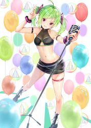 Rule 34 | 1girl, ahoge, arm strap, arm up, armpits, balloon, bare shoulders, black shirt, black skirt, boots, bracelet, breasts, cleavage cutout, clothing cutout, collarbone, crop top, delruki, delutaya, earrings, green hair, grin, groin, highres, holding, jewelry, long hair, looking at viewer, microphone, microphone stand, midriff, miniskirt, nanashi (74 nanashi), navel, purple eyes, shirt, skindentation, skirt, sleeveless, sleeveless shirt, small breasts, smile, solo, stomach, thigh strap, thighs, twintails, v-shaped eyebrows, virtual youtuber, w