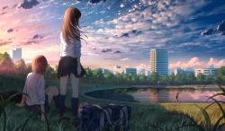 Rule 34 | 3girls, bag, blue legwear, blue skirt, blue sky, brown hair, building, city, cloud, cloudy sky, commentary request, evening, facing away, from behind, gradient sky, grass, has bad revision, highres, k ryo, lake, long hair, long sleeves, md5 mismatch, multiple girls, outdoors, park, plant, pleated skirt, railing, reflection, resolution mismatch, scenery, school bag, school uniform, shirt, shoes, short hair, sitting, skirt, sky, skyline, socks, source smaller, standing, sunset, tree, water, water surface, white shirt