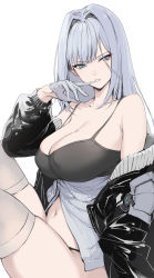 Rule 34 | 1girl, bare shoulders, biting, black bra, black jacket, blue eyes, bra, breast tattoo, breasts, cleavage, covered erect nipples, ethel (xenoblade), glove biting, gloves, grey hair, half gloves, hand in pocket, haoni, highres, jacket, large breasts, long hair, looking at viewer, navel, off shoulder, sitting, solo, tank top, tattoo, thighs, underwear, xenoblade chronicles (series), xenoblade chronicles 3