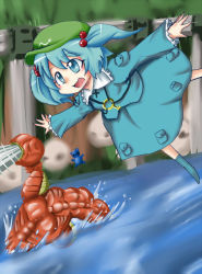 Rule 34 | 1girl, :d, alien soldier, aruse yuushi, blue dress, crossover, dress, flat cap, gusthead, hair bobbles, hair ornament, hat, kawashiro nitori, long sleeves, open mouth, pocket, river, smile, solo, touhou, two side up, water