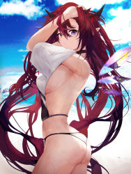Rule 34 | 1girl, absurdres, arms up, ass, bare shoulders, bikini, black bikini, blue eyes, blue sky, breasts, closed mouth, cloud, crystal wings, demon horns, from side, getto, hair between eyes, hand in own hair, heterochromia, highres, hololive, hololive english, horns, irys (hololive), long hair, looking at viewer, looking to the side, medium breasts, ocean, pointy ears, purple eyes, purple hair, red hair, sideboob, sky, solo, swimsuit, swimsuit cover-up, very long hair, virtual youtuber, waves, wet, wings