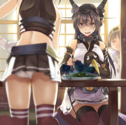 Rule 34 | 10s, 2girls, bad food, bare shoulders, bird, black hair, breasts, brown hair, crying, curry, curry rice, detached sleeves, elbow gloves, failure penguin, fang, food, gloves, hair ornament, hairband, headgear, hiei (kancolle), japanese clothes, kabocha, kabocha (monkey4), kantai collection, kneeling, large breasts, long hair, multiple girls, mutsu (kancolle), nagato (kancolle), nervous, open mouth, panties, pantyshot, penguin, personification, rice, seiza, sitting, skindentation, spoon, thighhighs, underwear, upskirt