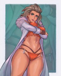 1girl breasts cameltoe covered_erect_nipples creatures_(company) earrings game_freak highres jewelry large_breasts long_coat long_hair looking_at_viewer navel nintendo no_bra panties pokemon pokemon_sv sada_(pokemon) solo stomach thighs underwear yoyoleif