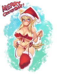 Rule 34 | 1girl, 2020, alternate breast size, alternate costume, alternate headwear, alternate legwear, animal ear fluff, animal ears, areola slip, artist name, bandeau, besthetz, bikini, bikini top only, blonde hair, blue background, blue eyes, bow, bow bikini, breasts, cameltoe, christmas, closed mouth, covered erect nipples, cropped legs, dated, english text, extra ears, eyes visible through hair, facial mark, fang, fang out, hat, highres, holding, holding string, large breasts, liru, long hair, maebari, merry christmas, ponytail, red bandeau, red bow, red thighhighs, renkin san-kyuu magical pokaan, santa hat, scar, scar on stomach, shaded face, sidelocks, smile, snowflake background, snowflakes, solo, standing, string, swimsuit, tail, thighhighs, thighs, two-tone background, underboob, werewolf, whisker markings, white background, wolf ears, wolf girl