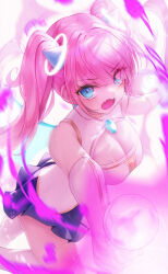 Rule 34 | 1girl, angelic buster, black skirt, blue eyes, blush, breasts, cleavage, cleavage cutout, clothing cutout, commentary, elbow gloves, fang, gloves, glowing, h2o (dfo), hair between eyes, holding, large breasts, long hair, looking at viewer, maplestory, open mouth, pink hair, pleated skirt, shirt, skirt, sleeveless, sleeveless shirt, solo, thighhighs, twintails, v-shaped eyebrows, very long hair, wavy mouth, white gloves, white shirt, white thighhighs